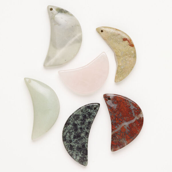 Multi-gemstone 1pkg6, top-drilled puffed / flat moon focal mix 31x18mm-39x23mm image number 0