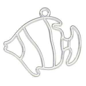 Component, resin frame, silver-finished "pewter" (zinc-based alloy), 40x30mm open tropical fish. Sold per pkg of 2.
