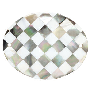 Focal, black lip shell / mother-of-pearl shell / resin (assembled) 1pkg1, 70x54mm-70x55mm top-drilled 1sided curved oval with checkerboard pattern.