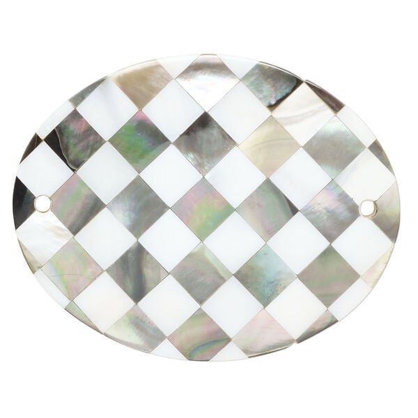Focal, black lip shell / mother-of-pearl shell / resin (assembled) 1pkg1, 70x54mm-70x55mm top-drilled 1sided curved oval with checkerboard pattern. image number 0