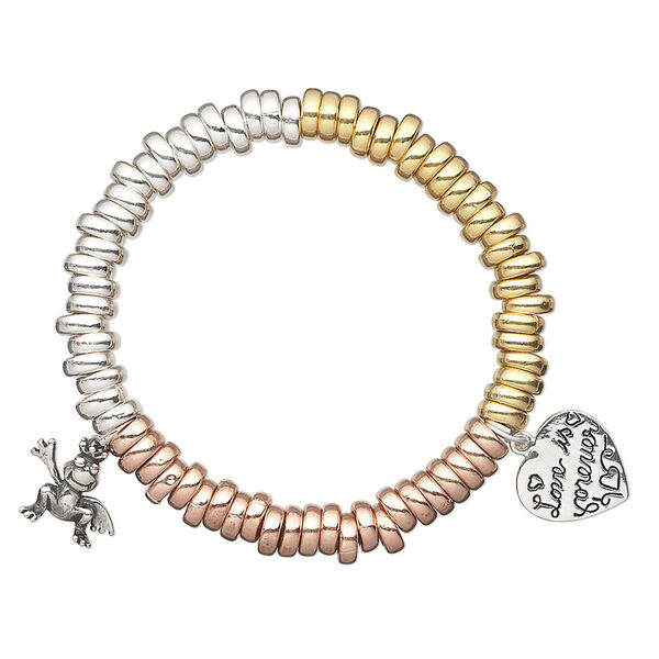 Bracelet, stretch, sterling silver / gold- / rose gold-finished sterling silver, 7x3mm rondelle with 15x13mm frog and 15x15mm heart with "Love is forever," 6 inches. Sold individually. image number 0