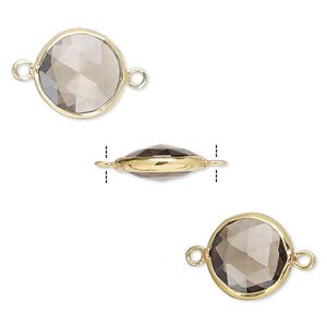 Link, smoky quartz (heated / irradiated) and gold-finished sterling silver, 12mm double-sided faceted round. Sold per pkg of 2.