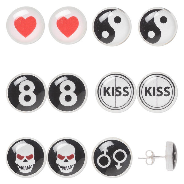 Earstud, sterling silver and acrylic, black / white / red, 11mm round with mixed designs. Sold per pkg of 6 pairs. image number 0