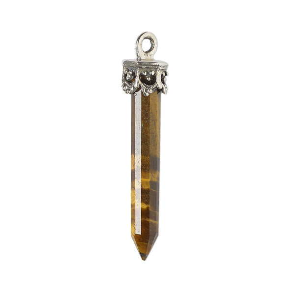 Drop, tigereye (natural) and antiqued sterling silver, 20x4mm-26x6mm hand-cut 3D faceted point. Sold individually. image number 0