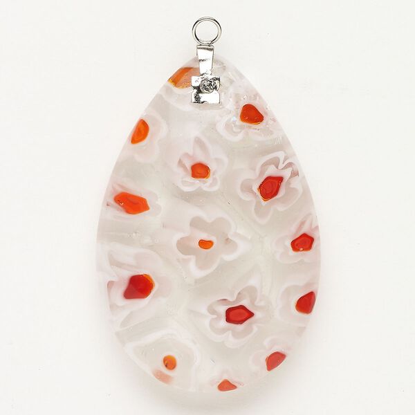 Focal 1pkg1 silver-finished steel and millefiori glass, translucent and transparent clear / white / red-orange, 47x30mm-48x33mm puffed teardrop. image number 0