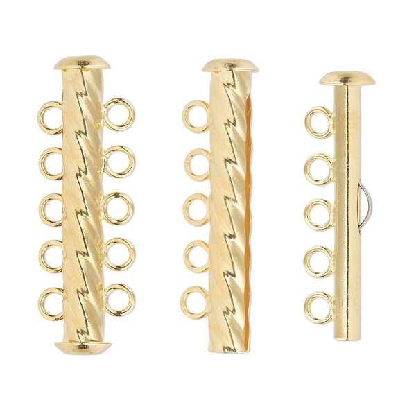 Clasp, 5-strand slide lock, gold-plated brass, 31x6mm corrugated round tube. Sold per pkg of 4. image number 0