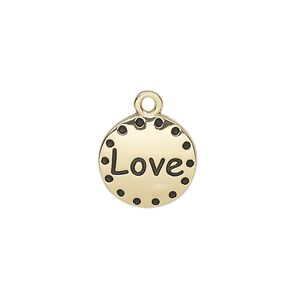 Drop, enamel and gold-finished "pewter" (zinc-based alloy), black, 14.5mm single-sided round with "Love." Sold individually.
