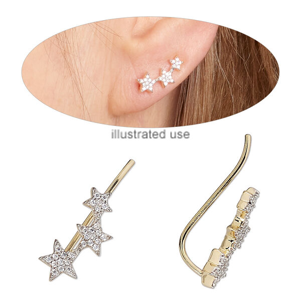 Earring, Create Compliments®, cubic zirconia and gold-finished sterling silver, clear, 16x6.5mm 3-star ear climber with fishhook ear wire, 20 gauge. Sold per pair. image number 0