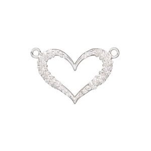 Link, sterling silver and cubic zirconia, clear, 22x16.5mm single-sided open heart. Sold individually.