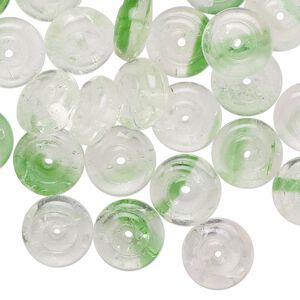 Bead, Czech pressed glass, transparent clear and green, 11x5mm rondelle. Sold per 1-ounce pkg, approximately 35 beads.