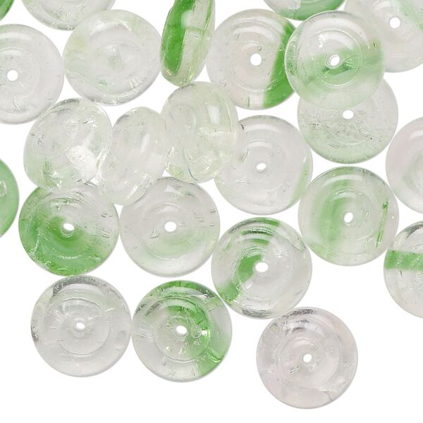 Bead, Czech pressed glass, transparent clear and green, 11x5mm rondelle. Sold per 1-ounce pkg, approximately 35 beads. image number 0