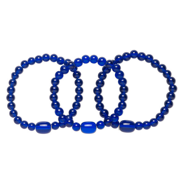 Bracelet, stretch, glass, cobalt blue, 7-8 inches wearable length. Sold per pkg of 3. image number 0
